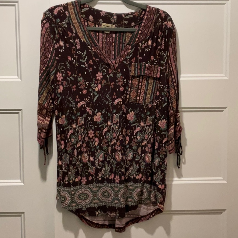 ONE WORLD Floral Patterned Top - Burgundy and Pink